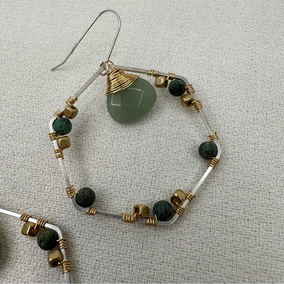 Hexagon Earrings Green Gold Silver Toned - Picture 4 of 7